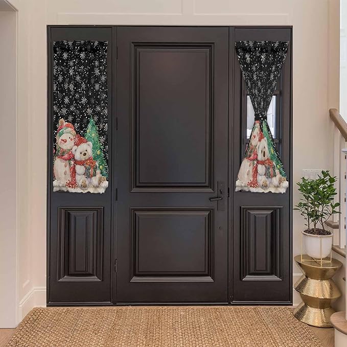Christmas French Door Curtain Panel for Front Door, Black Retro Snow Bear Doll Christmas Slidelight Door Curtains with Tieback Light Filtering Privacy Panels for Doorway Entryway 25"x 40"