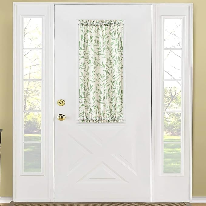 VOGOL Short Sliding Door Curtain, Green Leaves Pattern Linen Textured Door Panels, View Reducing Rod Pocket Drapery for Doorways, 25 x 40 Inches, 1 Pack