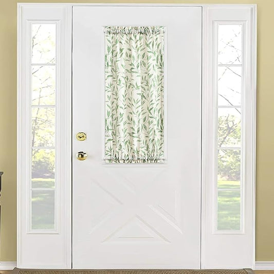 VOGOL Short Sliding Door Curtain, Green Leaves Pattern Linen Textured Door Panels, View Reducing Rod Pocket Drapery for Doorways, 25 x 40 Inches, 1 Pack