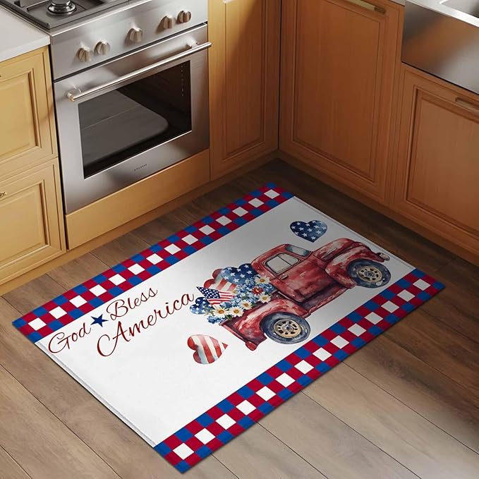 Red Truck USA Flag Stars Entryway Rug 2'x3', God Bless America Small Area Rug Non-Slip Front Door Mat Washable Floor Carpet for Indoor Entrance Kitchen Bathroom