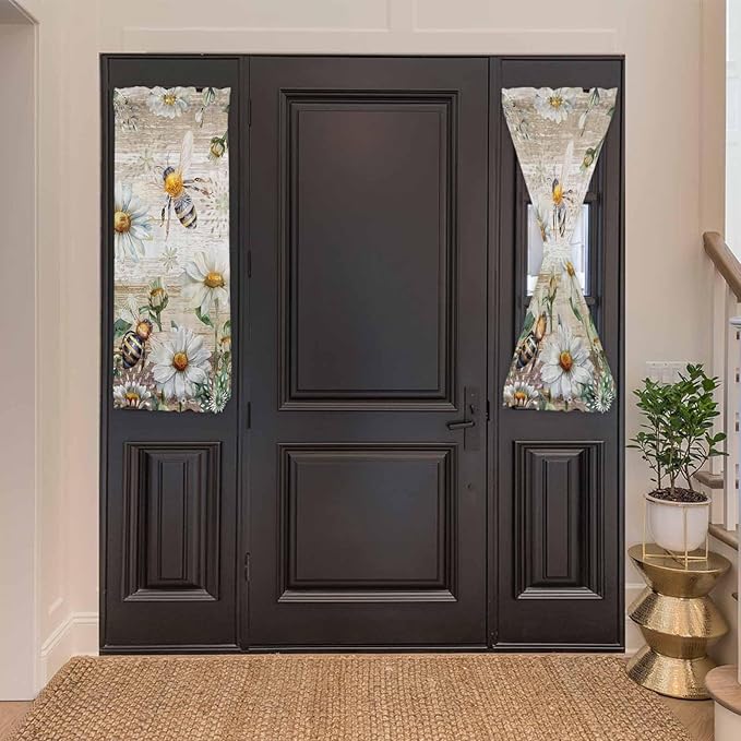 French Door Curtain Panel for Front Door, Retro Country Style Wood Grain Flower Plant Daisy Bee Slidelight Door Curtains with Tieback Light Filtering Privacy Panels for Doorway Entryway 25"x 40"