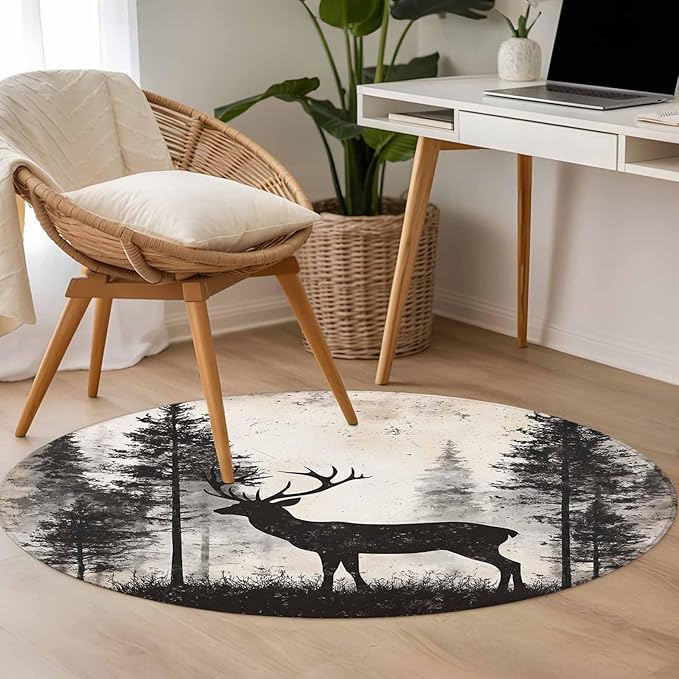 Elk Round Rug 4 Ft, Deer Silhouette Circle Area Rugs Washable Non Slip Indoor Floor Mats Carpet for Living Room Bedroom Dining Room Home Decor