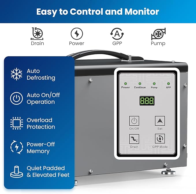 BaseAire Crawlspace Dehumidifier with Pump, Intelligent Dehumidifiers for Commercial, Basement, 70 pints, Compact, Auto Defrost, Memory Starting, Up to 1000 Sq Ft