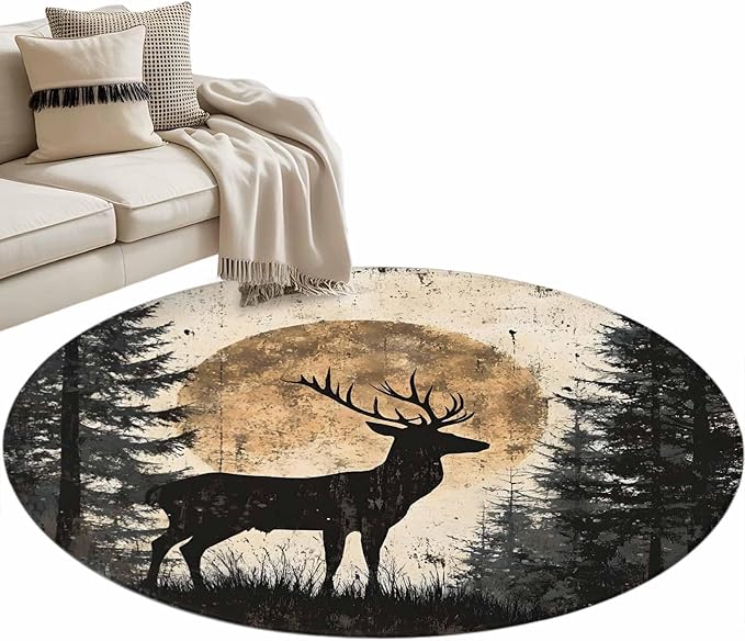 Deer Round Rug 4 Ft, Elk Silhouette Circle Area Rugs Washable Non Slip Indoor Floor Mats Carpet for Living Room Bedroom Dining Room Home Decor