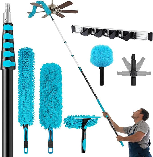 42ft Extra Long High Ceiling Duster with Extension Pole, Long Reach Cleaning Kit for Ceiling Fans, Windows & Cobwebs, Telescoping Pole with 6 Attachments for Home Church Warehouse Cleaning