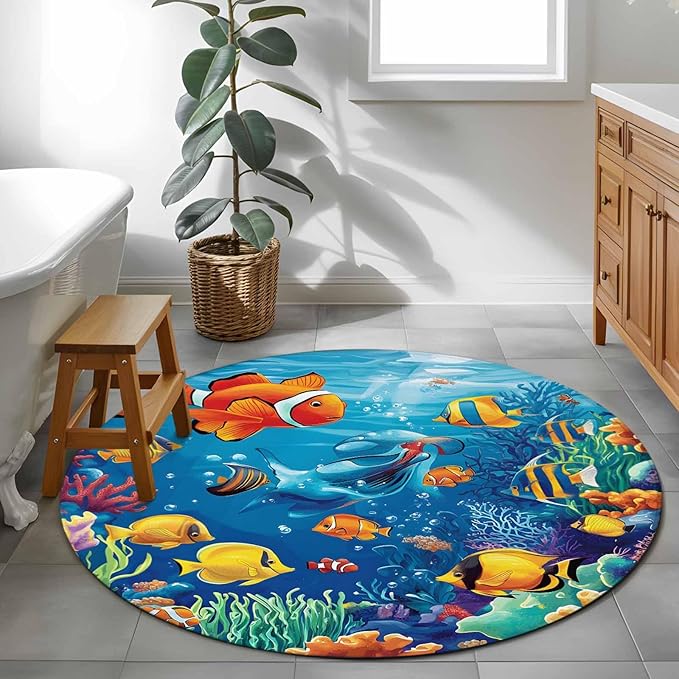 Ocean Marine Round Rug 4 Ft, Life Fish Coral Seagrass Underwater Coastal Circle Area Rugs Washable Non Slip Indoor Floor Mats Carpet for Living Room Bedroom Dining Room Home Decor
