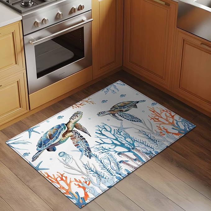 Sea Turtle Entryway Rug 2'x3', Seagrass Coral Starfish Small Area Rug Non-Slip Front Door Mat Washable Floor Carpet for Indoor Entrance Kitchen Bathroom