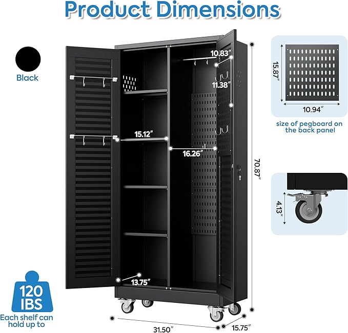 Reemoon Mop and Broom Closet Storage Cabinet with Wheels and Pegboard,Metal Garage Storage Cabinet with Doors and Adjustable Shelves for Garage Home,Required Assembly,Black