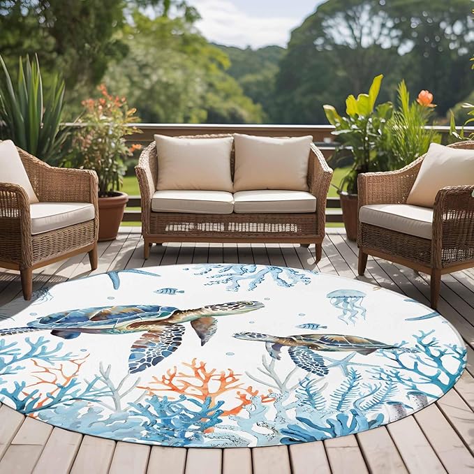 Sea Turtle Round Rug 6 Ft, Seagrass Coral Starfish Circle Area Rugs Washable Non Slip Indoor Floor Mats Carpet for Living Room Bedroom Dining Room Home Decor