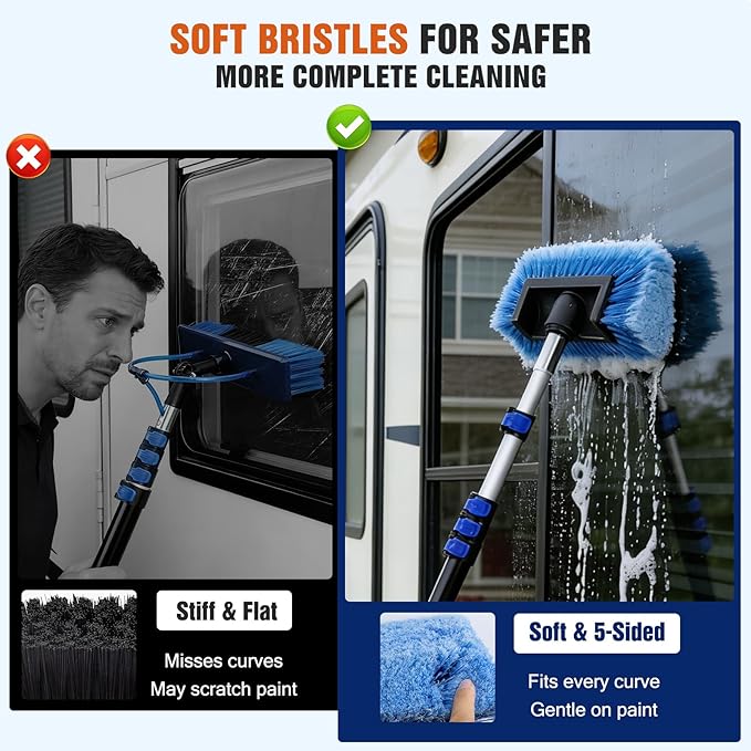 12FT Car Wash Brush with Long Handle - Car Cleaning Kit with 8 Attachments, 180° Rotating Mop, Foldable Bucket, Scratch-Free Soft & Hard Brushes for Cars, Trucks, SUV, RV, Home Windows & Siding