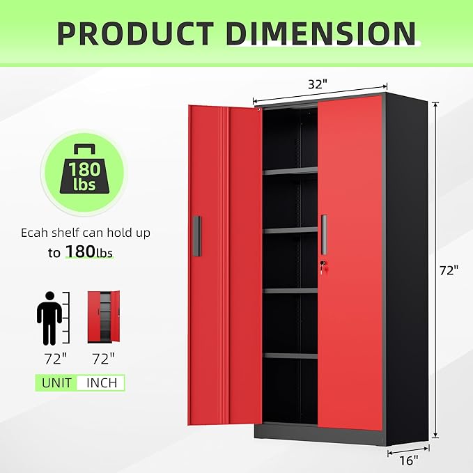 Bonusall 72" Metal Garage Storage Cabinet - 900lbs Heavy Duty Steel Cabinet with 3-Point Locking System & 4 Adjustable Shelves, Lockable Tall Storage for Garage, Office, Warehouse - Black & Red