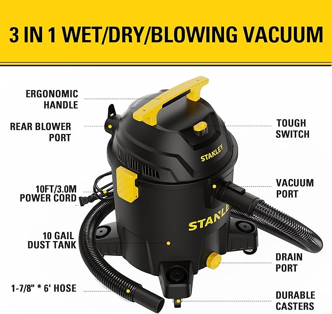 STANLEY 10 Gallon Wet Dry Vacuum, 6 Peak HP Poly Built-in Drain Shop Vac Blower with Powerful Suction, Multifunctional Shop Vacuum W/ 6 Horsepower Motor for Job Site, Garage, Basement, Van, Workshop