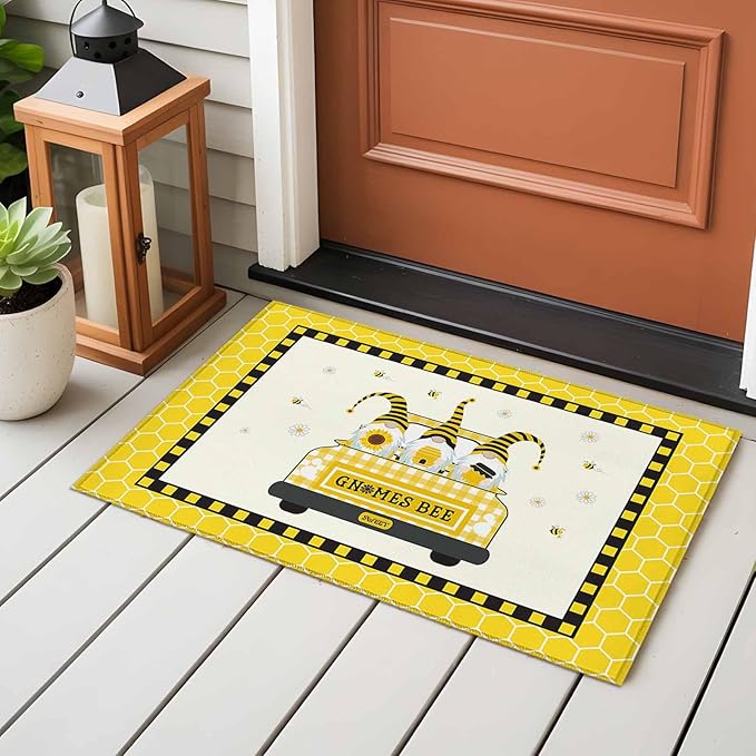 Honey Gnomes Entryway Rug 2'x3', Bees Hive Sunflower Truck Small Area Rug Non-Slip Front Door Mat Washable Floor Carpet for Indoor Entrance Kitchen Bathroom