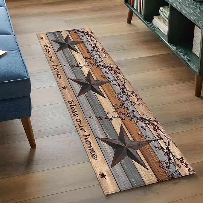 Country Stars Runner Rug 2'x6', Vintage Rust Black Star Berry Brown Light Blue Wood Grain Hallway Runner Rugs Washable Non-Slip Bedside Floor Mats Carpet for Kitchen Bedroom Laundry Room Bathroom