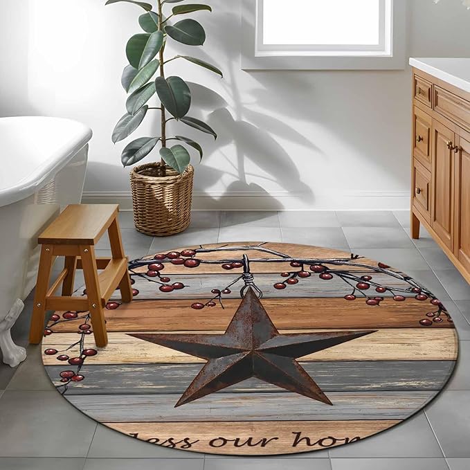 Country Stars Round Rug 3.3 Ft, Vintage Rust Black Star Berry Brown Light Blue Wood Grain Samll Area Rugs Washable Non Slip Indoor Floor Mats Circle Carpet for Living Room Bedroom Dining Room Home