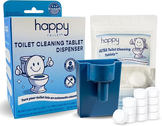 Happy Toilet Cleaner - Automatic Toilet Bowl Cleaner Toilet Tablet Holder & 12-Pack Ultra-Strength Cleaner Tablets - Easy to Install Self-Cleaning Toilet System, Deep Clean with Every Flush