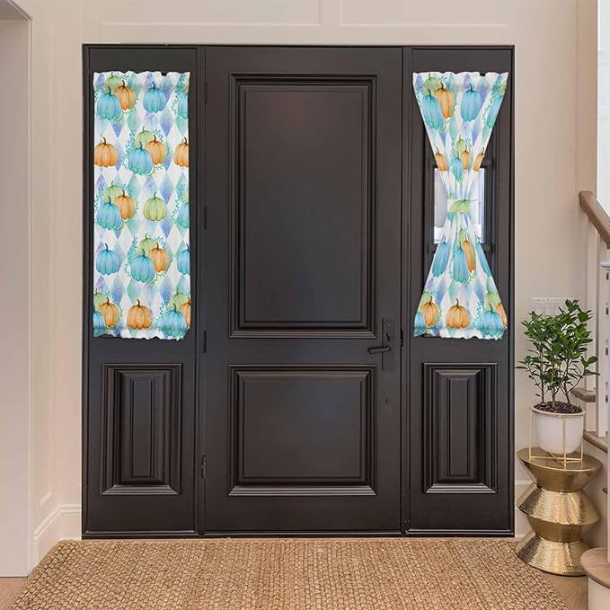 French Door Curtain Panel for Front Door, Thanksgiving Autumn Pumpkin Plants Watercolor Geometric Slidelight Door Curtains with Tieback Light Filtering Privacy Panels for Doorway Entryway 25"x 40"