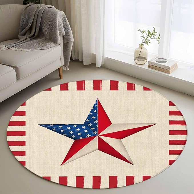 Farmhouse American Flag Pentagram Round Rug 4 Ft, Circle Area Rugs Washable Non Slip Indoor Floor Mats Carpet for Living Room Bedroom Dining Room Home Decor
