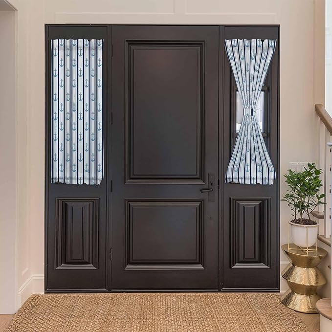French Door Curtain Panel for Front Door, Blue Anchor Striped Slidelight Door Curtains with Tieback Light Filtering Privacy Panels for Doorway Entryway 25"x 40"
