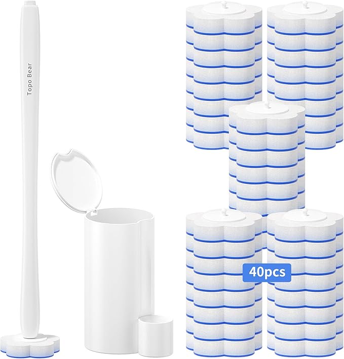 Topo Bear Disposable Toilet Bowl Brush with 40 Toilet Wand Refills, Toilet Bowl Cleaner Wands, Toilet Cleaning System Starter Kit