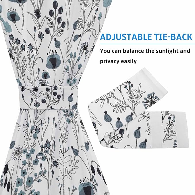 French Door Curtain Panel for Front Door, Blue Black Hand-Drawn Lines Wildflowers Slidelight Door Curtains with Tieback Light Filtering Privacy Panels for Doorway Entryway 25"x 40"