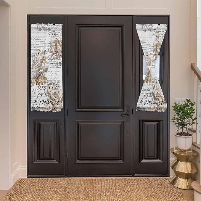 French Door Curtain Panel for Front Door, Bird Owl Flower Envelope Postmark Black White Slidelight Door Curtains with Tieback Light Filtering Privacy Panels for Doorway Entryway 25"x 40"
