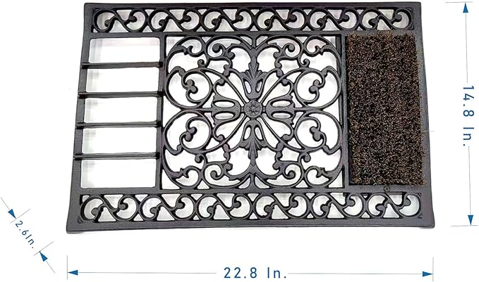 Vintage Cast Iron Door Mat with Rust Brown Shoe Brush - Decorative Floral Pattern Entryway Rug for Outdoor Shoe Cleaning HC5447