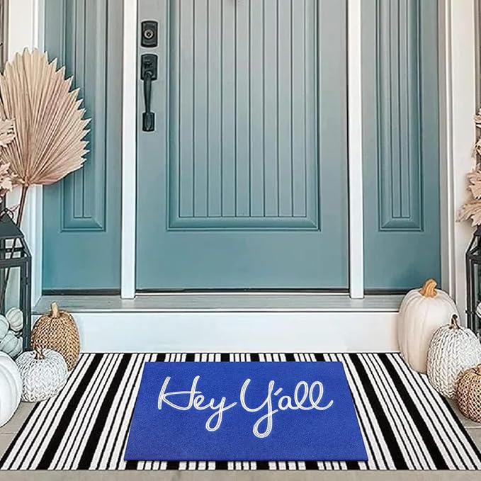 Mat Low Profile Floor Mat Front Doormat, Blue Hey Y'all Indoor Outdoor Heavy Duty Backing Door Mats Non Slip Absorbent Resist Dirt Entrance Doormats for Home Decor Entryway Patio 28" x 18"