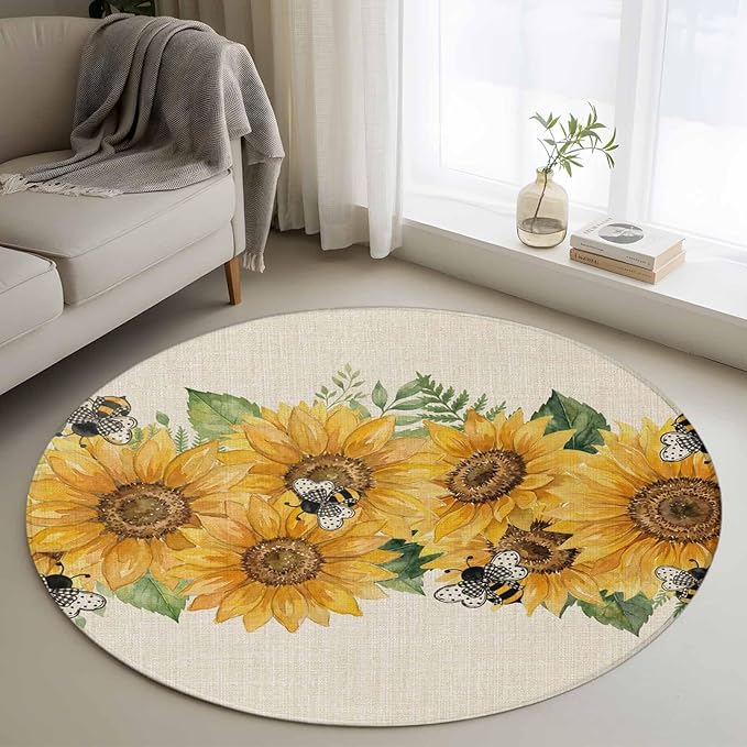 Watercolor Sunflower Cartoon Farmhouse Bee Linen Texture Round Rug 3.3 Ft, Samll Area Rugs Washable Non Slip Indoor Floor Mats Circle Carpet for Living Room Bedroom Dining Room Home