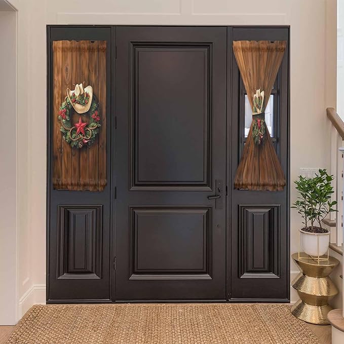 Christmas French Door Curtain Panel for Front Door, Dark Brown Wood Texture Christmas Wreath Cowboy Hat Slidelight Door Curtains with Tieback Light Filtering Privacy Panels for Entryway 25"x 40"