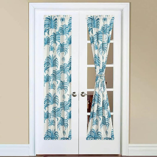 VOGOL French Sidelight Door Curtains, 25 x 72 Inches Linen Textured Curtain Panels, Blue Leaves Printed Rod Pocket Drapes for Front Glass Door, 1 Piece