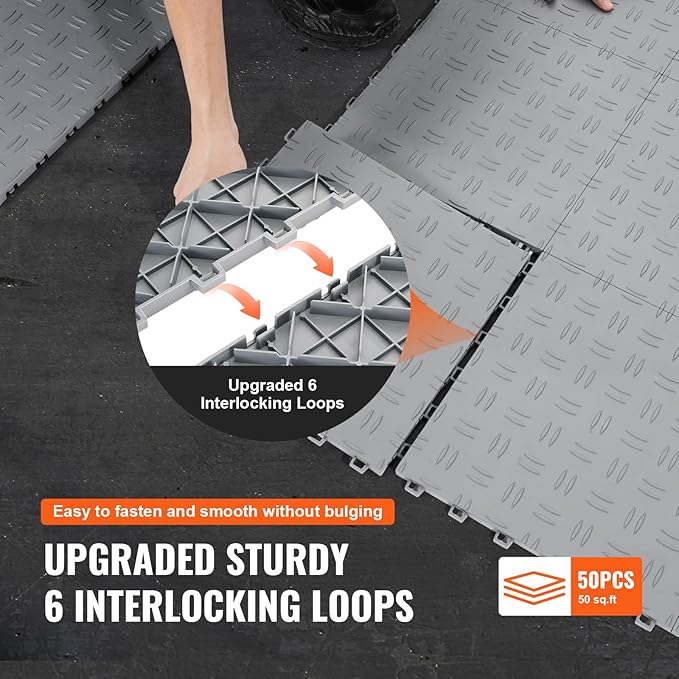 VEVOR Garage Floor Tiles 12 x 12 x 0.53 inch, Interlocking Design Ease of Installation Double-Sided Texture Non-Slip Sturdiness, for Garages, Basements, Repair Shops, Silver, 50 Pack