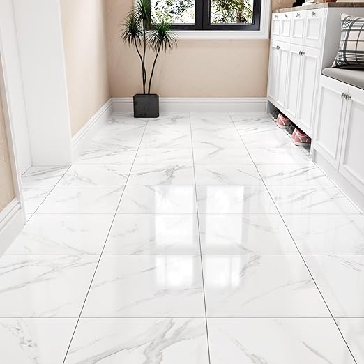 Wallercity 6PCS White Marble Peel and Stick Floor Tiles Waterproof Removable Bathroom Tile Stickers Durable Vinyl Flooring Modern Self Stick Floor Tile Sheets for Bedroom Living Room Kitchen 12''x12''