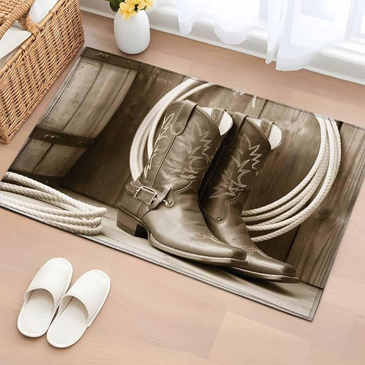 Western Cowboy Entryway Rug 2'x3', Vintage Countryside Cowboy Boots Ropes Small Area Rug Non-Slip Front Door Mat Washable Floor Carpet for Indoor Entrance Kitchen Bathroom