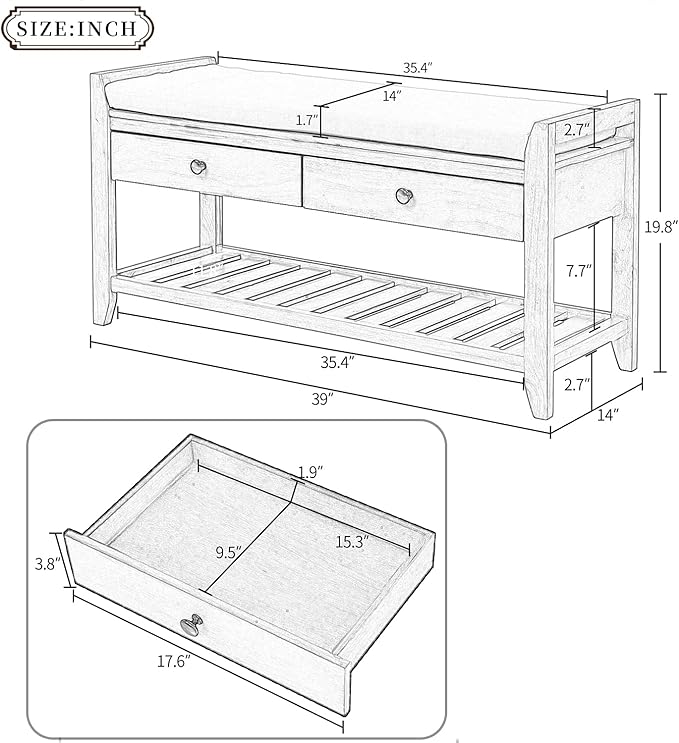 Knocbel Entry Storage Bench Shoes Rack with Cushioned Seat, 2 Drawers & Slatted Shelf, Living Room Entryway Hallway Foyer Shoe Bench Bedroom End of Bed Bench (Espresso 2-Drawer)