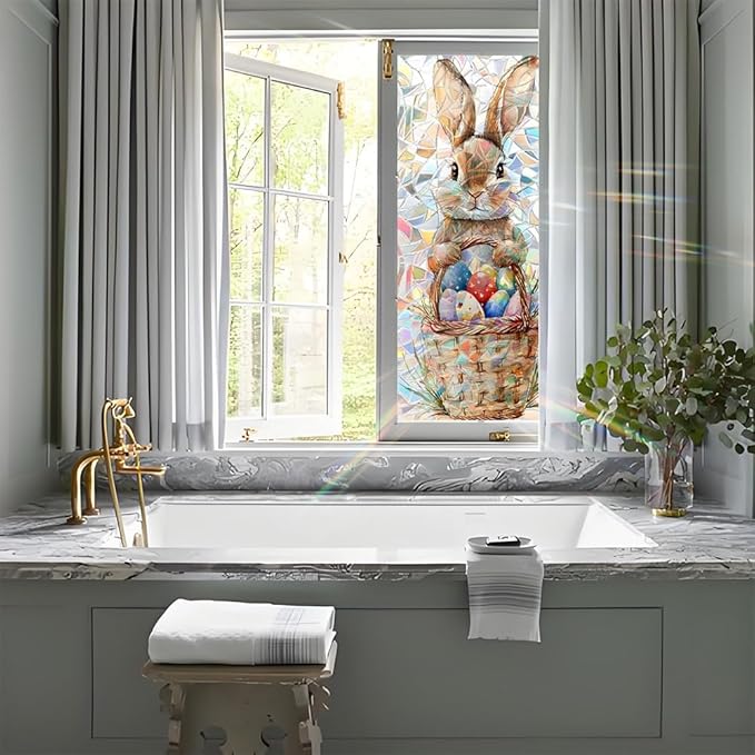Window Film Mat 39.4 x 17.3 Inch PVC Bunny Easter Basket Window Film Crescent Texture Decorative Glass Covering with Sunlit Glossy Shine for Bathroom Kitchen Living Room Privacy Accent
