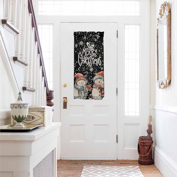 Christmas French Door Curtain Panel for Front Door, Vintage Black Winter Christmas Smiling Snowmen Slidelight Door Curtains with Tieback Light Filtering Privacy Panels for Doorway Entryway 25"x 40"