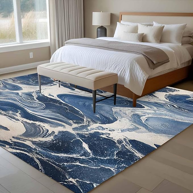 Impressionist Style 5'x7' Area Rugs, White Blue Blurred Wash Washable Area Rugs Non-Slip Indoor Floor Mats Carpet for Living Room Bedroom Dining Room