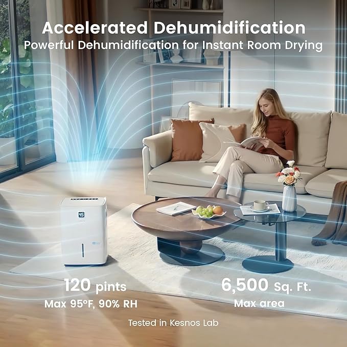 Kesnos 120 Pints Energy Star Dehumidifier for Home & Basement with Drain Hose, Front LED Display and 1.06 Gal Water Tank, Ideal for Spaces up to 6,500 Sq. Ft., Featuring Auto Defrost & Timer