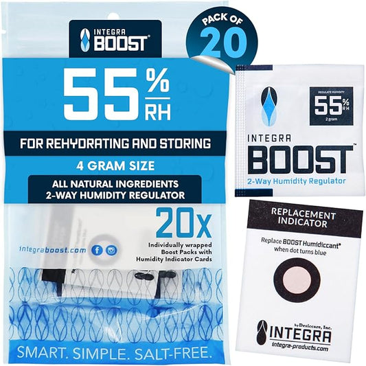 Integra Boost 55% RH Level - 4 Gram Size - Two-Way Humidity Control Pack - Incl. Replacement Indicator Cards - Food Storage & Herbs Moisture Balancer for Up to 1/2 oz (Pack of 20)