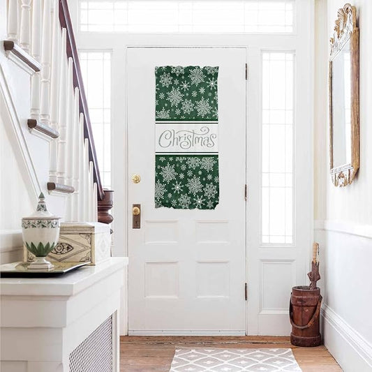 Christmas French Door Curtain Panel for Front Door, Different Dark Green Snowflakes Christmas Slidelight Door Curtains with Tieback Light Filtering Privacy Panels for Doorway Entryway 25"x 40"