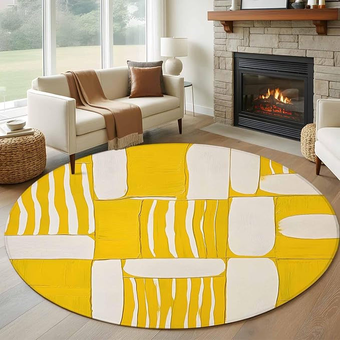Impressionist Style Round Rug 5 Ft, Yellow Abstract Blurred Color Circle Area Rugs Washable Non Slip Indoor Floor Mats Carpet for Living Room Bedroom Dining Room Home Decor