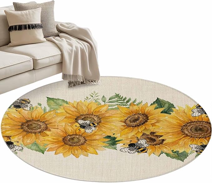 Watercolor Sunflower Cartoon Farmhouse Bee Linen Texture Round Rug 3.3 Ft, Samll Area Rugs Washable Non Slip Indoor Floor Mats Circle Carpet for Living Room Bedroom Dining Room Home