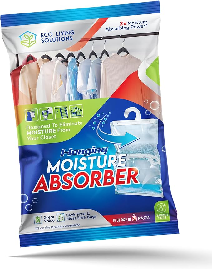 Eco Living Solutions Moisture Absorber Packets, Fragrance Free, Humidity Absorber, Hanging Closet Dehumidifier Bags, Eliminates Odors for Fresher Air, Ideal for Closet
