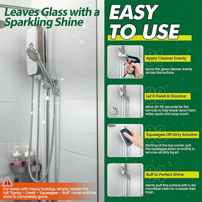 SHIELDOM Shower Glass Cleaner, Glass Window & Mirror Cleaning Hard Water Stains Remover Removes Soap Scum/Water Spot/Fingerprint/Dirt with Squeegee & Towel for a Streak-Free Shine 6.8fl oz/200ml