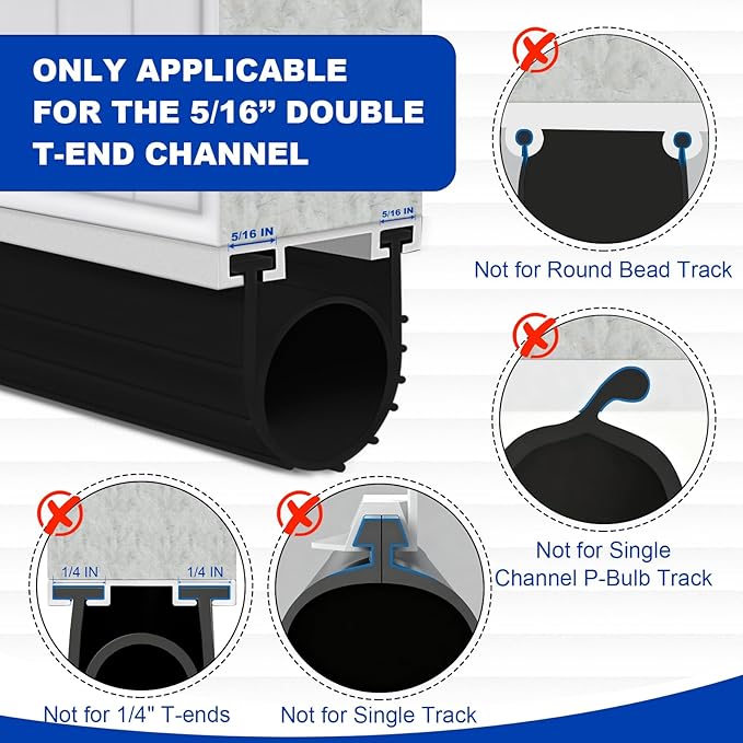 DGSL Garage Door Seals Bottom Rubber Weather Stripping Kit Seal Strip Replacement, Universal Weatherproof Threshold Buffering Sealing Rubber 5/16 inch T Ends (10 Ft, Black)