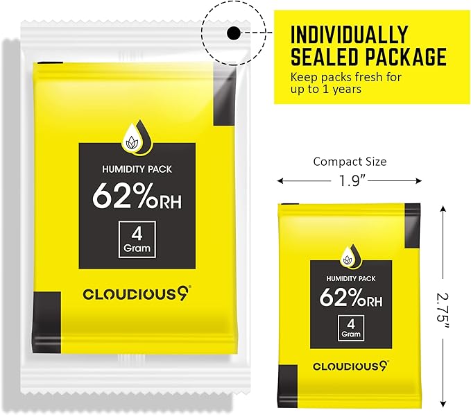 Cloudious9-62% 2-Way Humidity Pack Regulator 4 Gram - 12 Count 4 Gram Pack for Humidors Herb Flower - Individually Sealed Bag – Solution for Convenient Humidification
