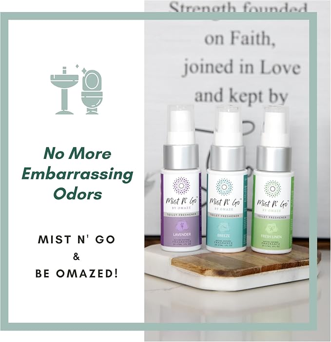 Mist N' Go by Omaze Travel Bathroom Spray - Toilet Odor Eliminator & Air Freshener - Fresh Linen (1oz x5)