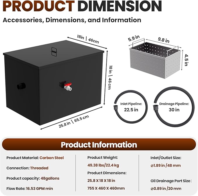 16.5 GPM Grease Trap Commercial, 48 Lbs Under Sink Grease Trap, Carbon Steel Grease Catcher with Side Inlet, Grease Interceptor with Removable Mesh Filter for Oil-Water Separator