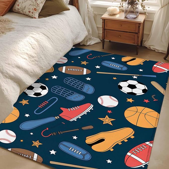 Cartoon Sports 4'x6' Area Rugs, Baseball Soccer Basketball Rugby Sneakers Washable Area Rugs Non-Slip Indoor Floor Mats Carpet for Living Room Bedroom Dining Room